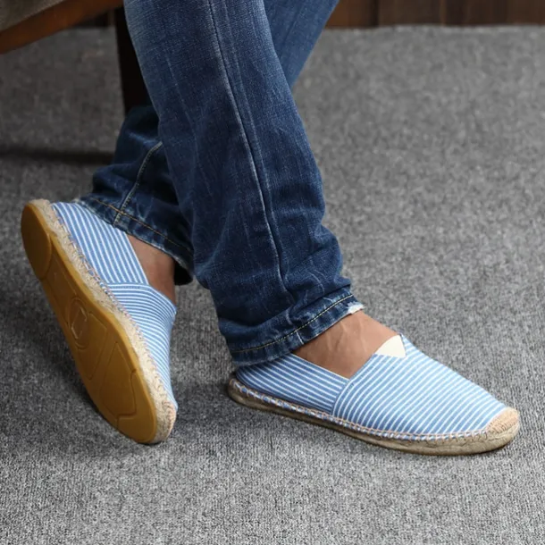 Men's Blue and White Striped Canvas Espadrille Slip-On Shoes with Jute Rope Sole – Comfortable Summer Footwear