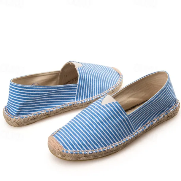Men's Blue and White Striped Canvas Espadrille Slip-On Shoes with Jute Rope Sole – Comfortable Summer Footwear