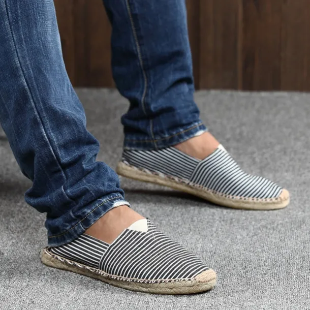 Men's Blue and White Striped Canvas Espadrille Slip-On Shoes with Jute Rope Sole – Comfortable Summer Footwear