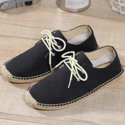 Men's Blue Canvas Espadrille Lace-Up Shoes with Jute Rope Sole – Comfortable Summer Casual Footwear