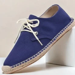Men's Blue Canvas Espadrille Lace-Up Shoes with Jute Rope Sole – Comfortable Summer Casual Footwear