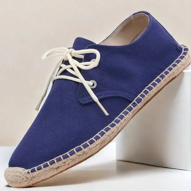 Men's Blue Canvas Espadrille Lace-Up Shoes with Jute Rope Sole – Comfortable Summer Casual Footwear