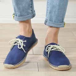 Men's Blue Canvas Espadrille Lace-Up Shoes with Jute Rope Sole – Comfortable Summer Casual Footwear
