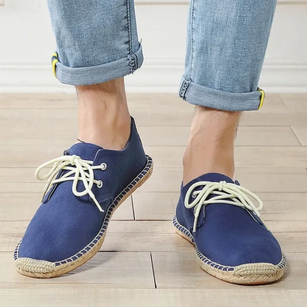 Men's Blue Canvas Espadrille Lace-Up Shoes with Jute Rope Sole – Comfortable Summer Casual Footwear