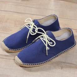 Men's Blue Canvas Espadrille Lace-Up Shoes with Jute Rope Sole – Comfortable Summer Casual Footwear