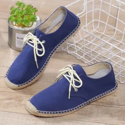 Men's Blue Canvas Espadrille Lace-Up Shoes with Jute Rope Sole – Comfortable Summer Casual Footwear
