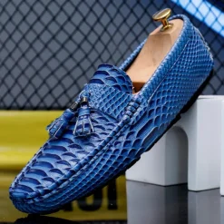 Men's Blue Faux Snakeskin Loafers with Tassels – Stylish Slip-On Dress Shoes for Formal and Casual Occasions