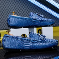 Men's Blue Faux Snakeskin Loafers with Tassels – Stylish Slip-On Dress Shoes for Formal and Casual Occasions