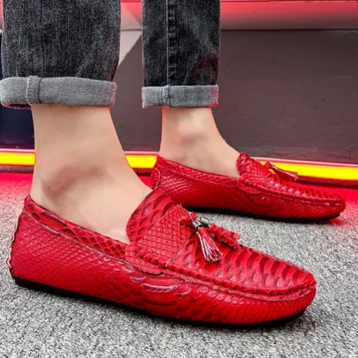 Men's Blue Faux Snakeskin Loafers with Tassels – Stylish Slip-On Dress Shoes for Formal and Casual Occasions