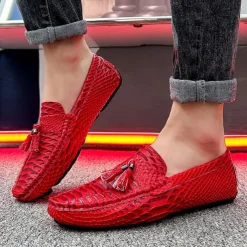 Men's Blue Faux Snakeskin Loafers with Tassels – Stylish Slip-On Dress Shoes for Formal and Casual Occasions