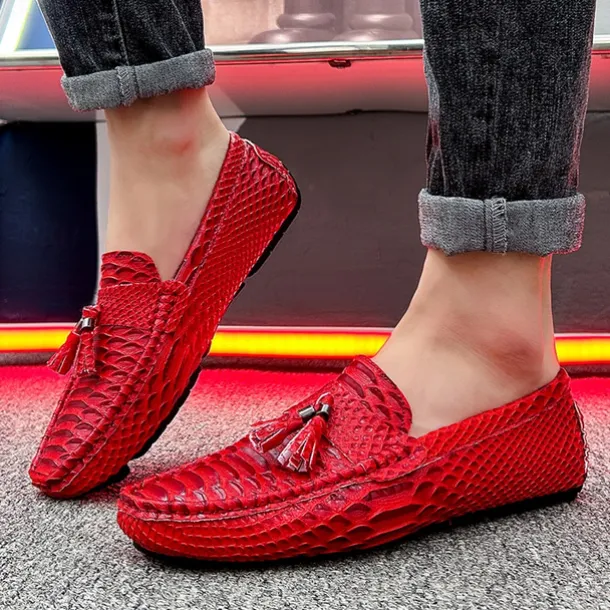 Men's Blue Faux Snakeskin Loafers with Tassels – Stylish Slip-On Dress Shoes for Formal and Casual Occasions