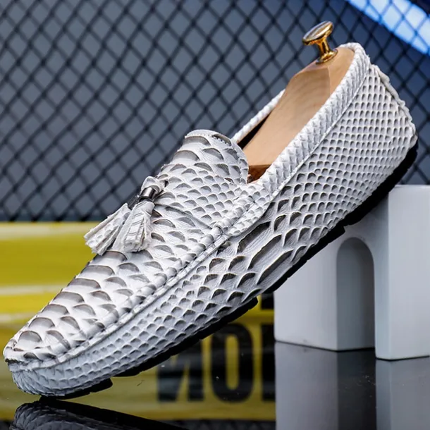 Men's Blue Faux Snakeskin Loafers with Tassels – Stylish Slip-On Dress Shoes for Formal and Casual Occasions
