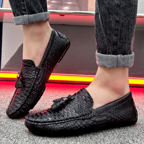 Men's Blue Faux Snakeskin Loafers with Tassels – Stylish Slip-On Dress Shoes for Formal and Casual Occasions