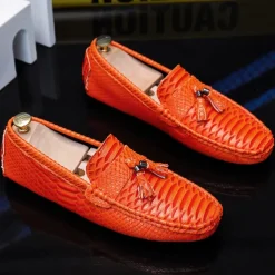Men's Blue Faux Snakeskin Loafers with Tassels – Stylish Slip-On Dress Shoes for Formal and Casual Occasions