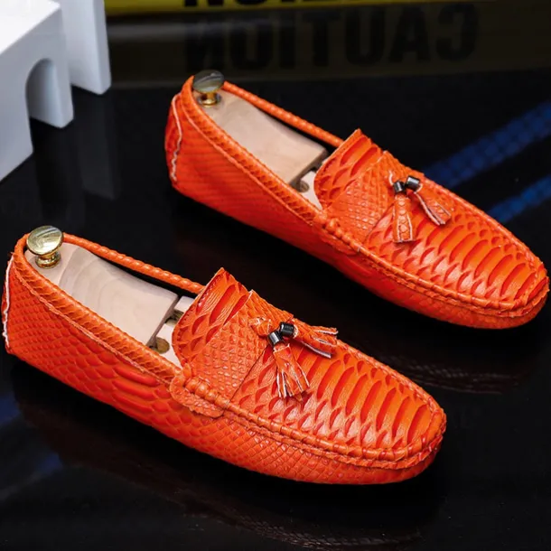 Men's Blue Faux Snakeskin Loafers with Tassels – Stylish Slip-On Dress Shoes for Formal and Casual Occasions