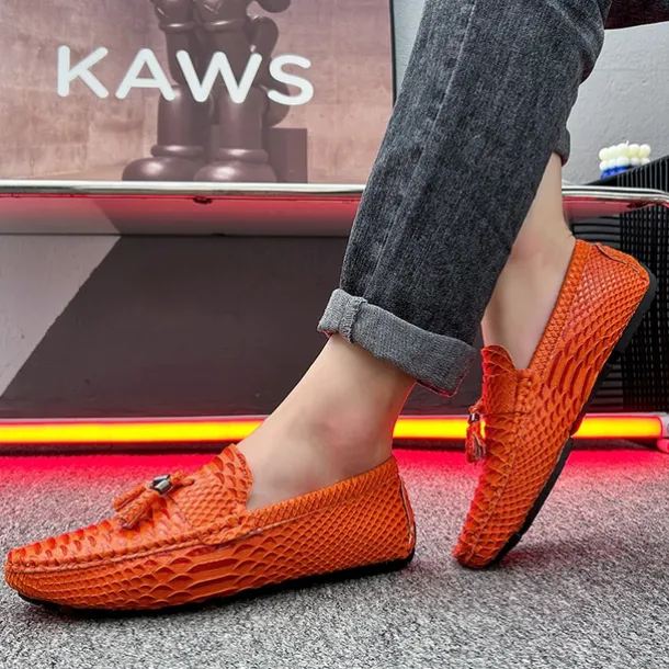 Men's Blue Faux Snakeskin Loafers with Tassels – Stylish Slip-On Dress Shoes for Formal and Casual Occasions