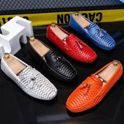 Men's Blue Faux Snakeskin Loafers with Tassels – Stylish Slip-On Dress Shoes for Formal and Casual Occasions