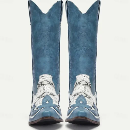 Men's Blue Faux Suede Cowboy Boots with White Snakeskin Accents and Embroidered Design - Western-Style Boots for Rodeo and Outdoor Wear