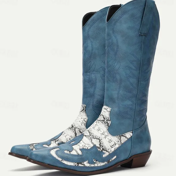 Men's Blue Faux Suede Cowboy Boots with White Snakeskin Accents and Embroidered Design - Western-Style Boots for Rodeo and Outdoor Wear