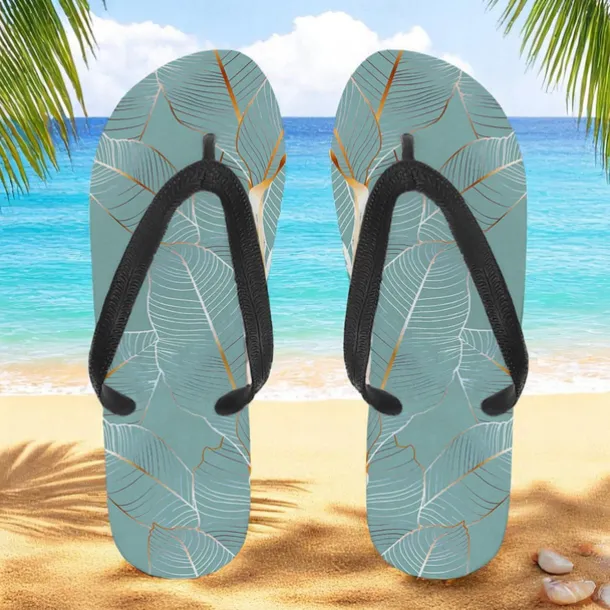 Men's Blue Leaf Printed Flip Flops – Tropical & Stylish Style for Beach Vacations, Island Hopping & Beachside Dinners