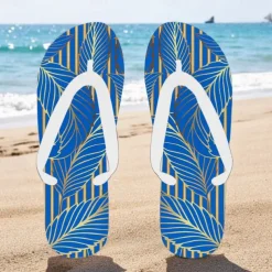 Men's Blue Leaf Printed Flip Flops – Tropical & Stylish Style for Beach Vacations, Island Hopping & Beachside Dinners