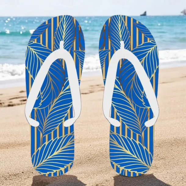 Men's Blue Leaf Printed Flip Flops – Tropical & Stylish Style for Beach Vacations, Island Hopping & Beachside Dinners