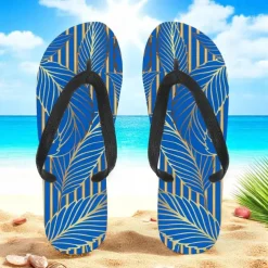 Men's Blue Leaf Printed Flip Flops – Tropical & Stylish Style for Beach Vacations, Island Hopping & Beachside Dinners