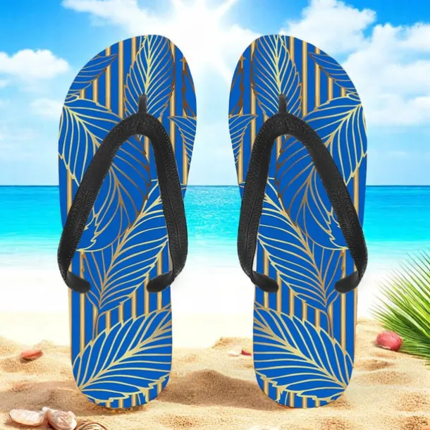 Men's Blue Leaf Printed Flip Flops – Tropical & Stylish Style for Beach Vacations, Island Hopping & Beachside Dinners