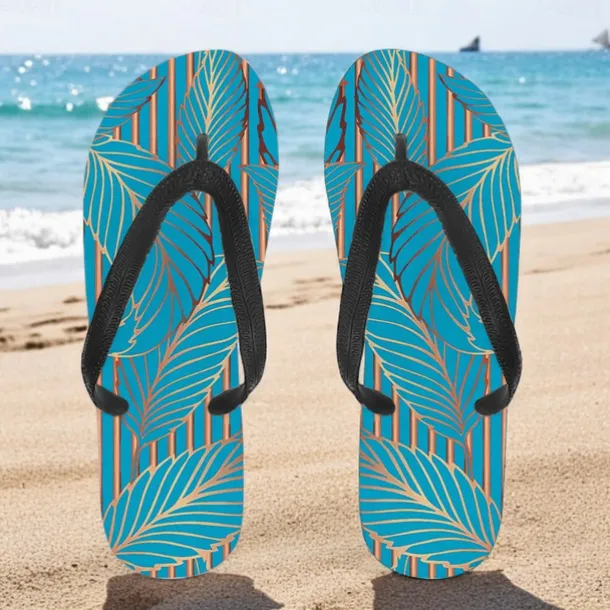 Men's Blue Leaf Printed Flip Flops – Tropical & Stylish Style for Beach Vacations, Island Hopping & Beachside Dinners