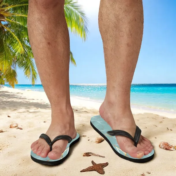 Men's Blue Leaf Printed Flip Flops – Tropical & Stylish Style for Beach Vacations, Island Hopping & Beachside Dinners