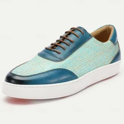 Men's Blue Leather Sneakers with Woven Pattern - Stylish and Comfortable Lace-Up Casual Shoes for Everyday Wear