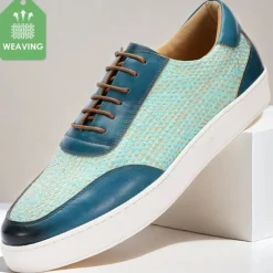 Men's Blue Leather Sneakers with Woven Pattern - Stylish and Comfortable Lace-Up Casual Shoes for Everyday Wear