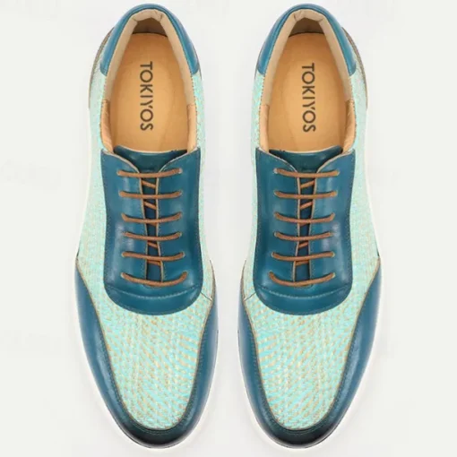 Men's Blue Leather Sneakers with Woven Pattern - Stylish and Comfortable Lace-Up Casual Shoes for Everyday Wear