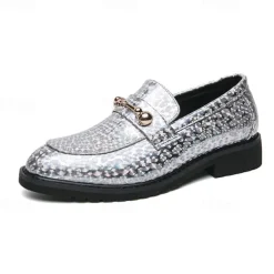 Men's Blue Metallic Faux Leather Loafers with Decorative Gold Chain – Trendy Slip-On Shoes for Formal and Party Occasions
