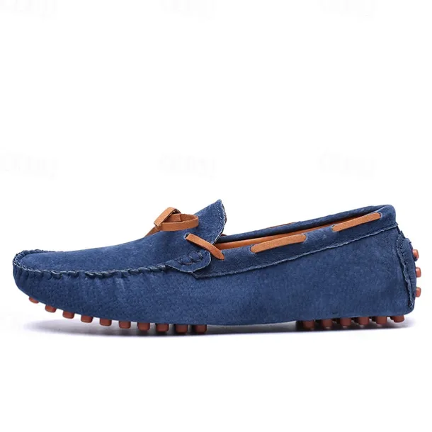 Men's Blue Suede Loafers - Casual Slip-On Driving Shoes with Leather Laces