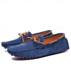 Men's Blue Suede Loafers - Casual Slip-On Driving Shoes with Leather Laces