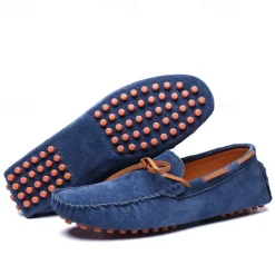 Men's Blue Suede Loafers - Casual Slip-On Driving Shoes with Leather Laces