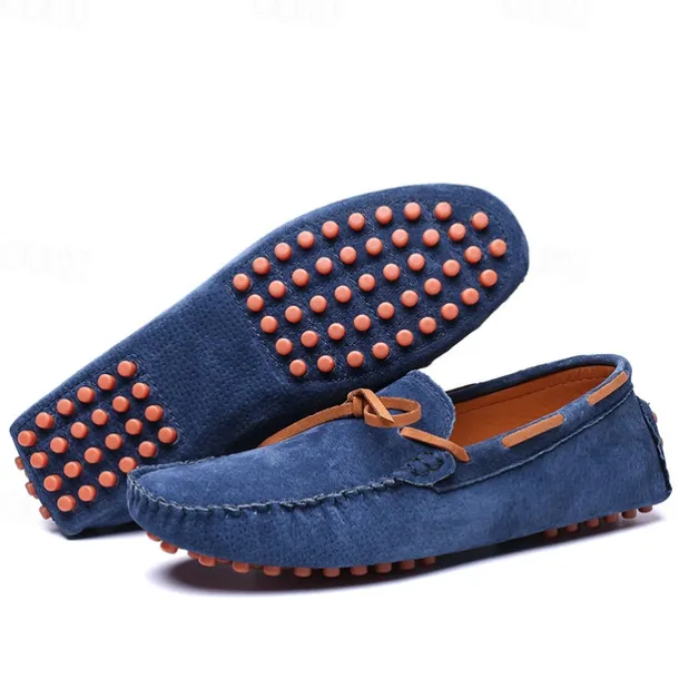 Men's Blue Suede Loafers - Casual Slip-On Driving Shoes with Leather Laces