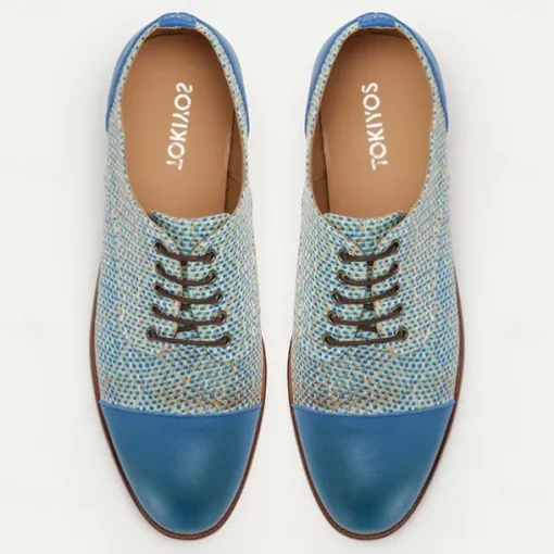 Men's Blue Woven Oxford Shoes – Elegant Nylon Knit Lace-Up Shoes for Business & Formal Events