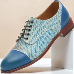 Men's Blue Woven Oxford Shoes – Elegant Nylon Knit Lace-Up Shoes for Business & Formal Events