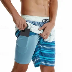 Men's Board Shorts Swim Shorts Swim Trunks Drawstring Elastic Waist With Compression Liner Striped Comfort Quick Dry Short Holiday Beach Weekend Fashion Casual Blue Micro-elastic