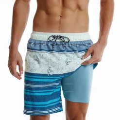 Men's Board Shorts Swim Shorts Swim Trunks Drawstring Elastic Waist With Compression Liner Striped Comfort Quick Dry Short Holiday Beach Weekend Fashion Casual Blue Micro-elastic