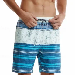 Men's Board Shorts Swim Shorts Swim Trunks Drawstring Elastic Waist With Compression Liner Striped Comfort Quick Dry Short Holiday Beach Weekend Fashion Casual Blue Micro-elastic