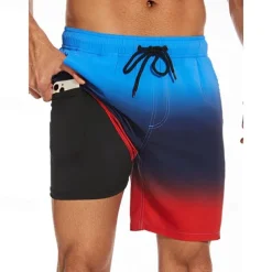 Men's Board Shorts Swim Shorts Swim Trunks Drawstring Elastic Waist With Compression Liner Gradient Plain Comfort Quick Dry Short Holiday Beach Weekend Fashion Casual Lake blue Gradient blue