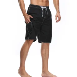 Men's Board Shorts Swim Trunks Going out Weekend Breathable Quick Dry Drawstring Elastic Waist with Pockets Plain Knee Length Gymnatics Casual Activewear Lake blue Black