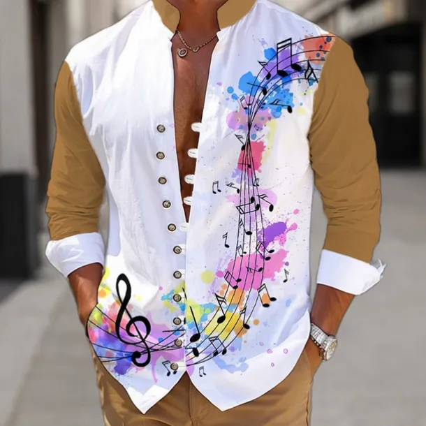 Men's Boardmasters Notes Shirt Linen Shirt Button Up Shirt Long Sleeve Casual Daily Wear Going out Weekend Spring Standing Collar Print Button-Down Black White Brown