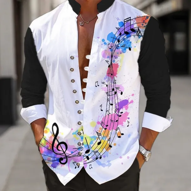 Men's Boardmasters Notes Shirt Linen Shirt Button Up Shirt Long Sleeve Casual Daily Wear Going out Weekend Spring Standing Collar Print Button-Down Black White Brown