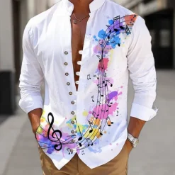 Men's Boardmasters Notes Shirt Linen Shirt Button Up Shirt Long Sleeve Casual Daily Wear Going out Weekend Spring Standing Collar Print Button-Down Black White Brown