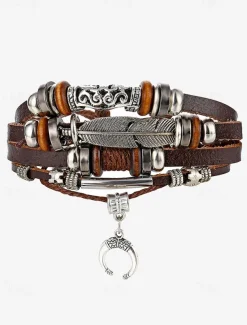 Men's Boho Multi-Layer Leather Bracelet with Feather and Crescent Moon Charm – Vintage-Inspired Adjustable Wrap Bracelet for Casual Style