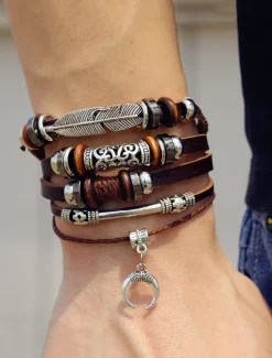 Men's Boho Multi-Layer Leather Bracelet with Feather and Crescent Moon Charm – Vintage-Inspired Adjustable Wrap Bracelet for Casual Style